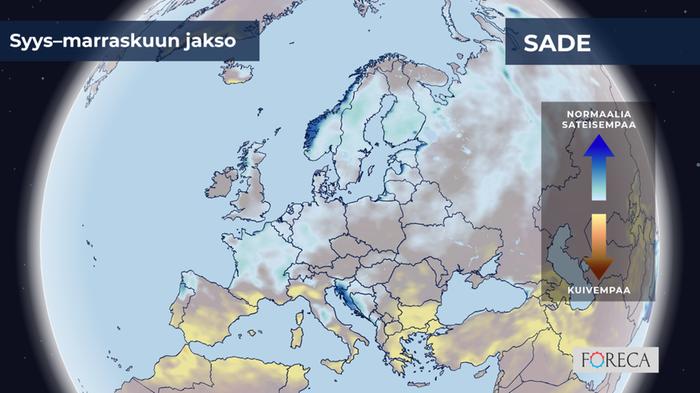 ECMWF:n ennuste sademäärien poikkeamista syys–marraskuulle 2024 Eurooppaan.