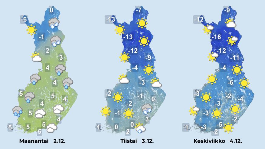 Lauhan ilman aalto puskee Lappiin asti viikkojen taitteessa – ensi viikon edetessä pakkasta ja lumisateita eteläänkin