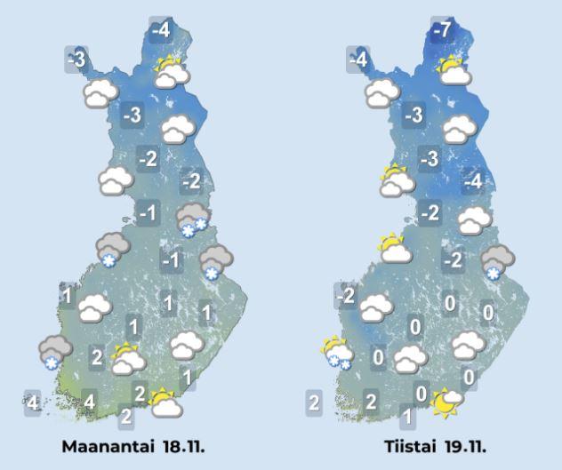 Sääennuste maanantaille ja tiistaille 18.–19.11.2024