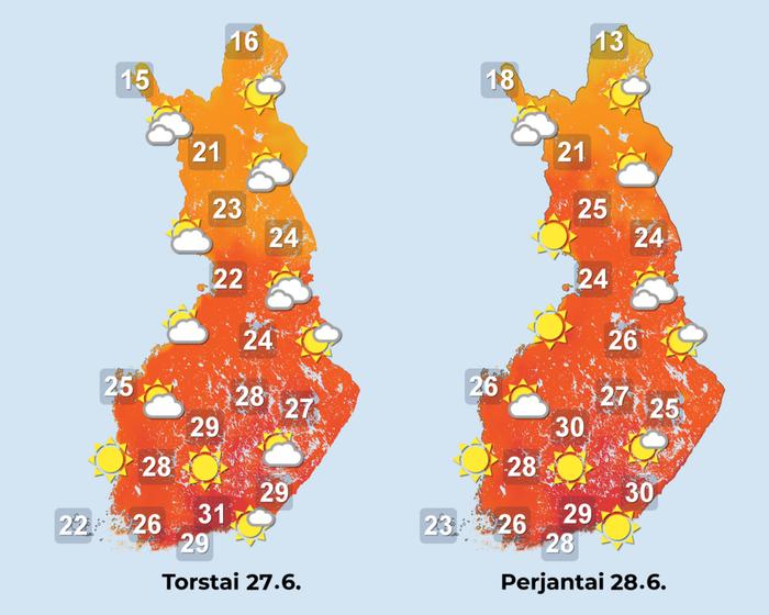 Kesäkuun viimeisiä päiviä vietetään monin paikoin tukalassa helteessä.