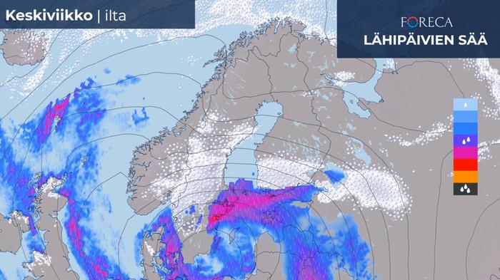 Sateet alkavat levittäytyä Suomeen keskiviikkona ja jatkavat matkaansa Suomen yli yöllä ja torstaina. 