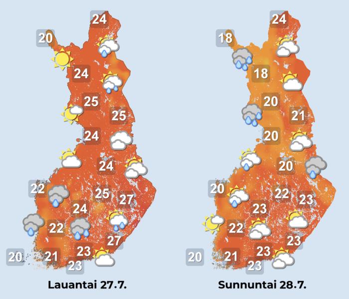 Sääennuste lauantaille ja sunnuntaille 27.–28.7.2024