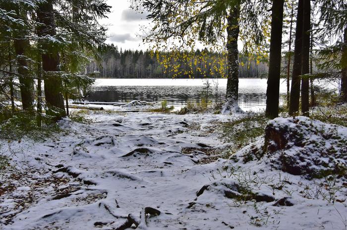 Ohut lumipeite lokakuisena päivänä.