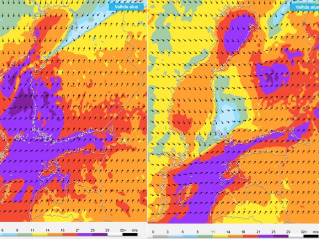 Vasemmassa kuvassa ennustetut tuulenpuuskat klo 11 ja oikeassa klo 17. Aamupäivällä myrskypuuskia tavataan yleisesti maan länsiosassa sisämaassa ja etelärannikolla, myöhemmin voimakkaimpien tuulten painopiste siirtyy kohti maan keskiosaa.