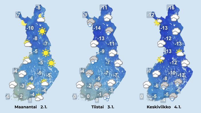 Lunta pyryttää maanantai-illan ja tiistaiaamun välillä erityisesti eteläisessä Suomessa. Keskiviikon aikana sää alkaa kylmetä.