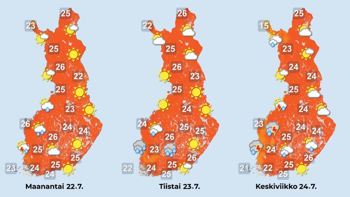 Sääennuste iltapäiville 22.-24. heinäkuuta.