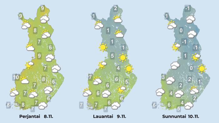 Sääennuste iltapäiville 8.–10. marraskuuta 2024.