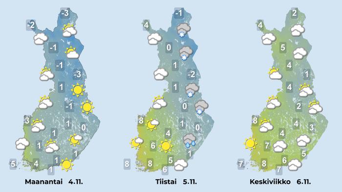 Sääennuste iltapäiville 4.-6. marraskuuta.