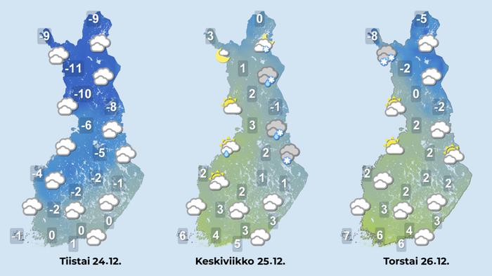 Joulunpyhinä sää lauhtuu voimakkaasti maan pohjoisosassakin. Joulupäivänä ja tapaninpäivänä suuressa osassa maata on pilvistä suojasäätä. Erityisesti joulupäivänä keskiviikkona mitataan vuodenaikaan nähden erittäin korkeita lämpötiloja. Tapaninpäivään mennessä etelä- ja länsirannikko, Varsinais-Suomi ja Satakunta ovat jo laajalti lumettomia.