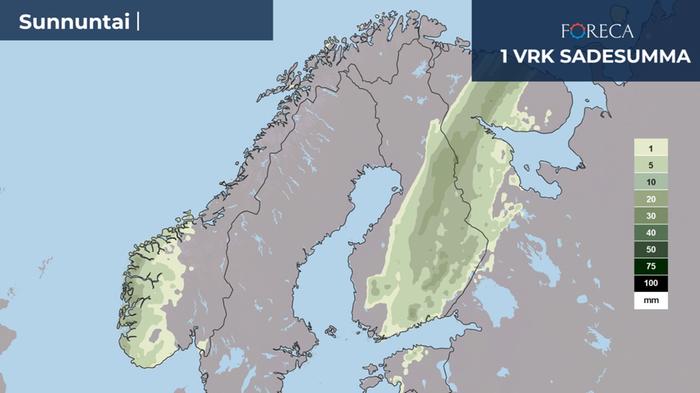 Sademääräennuste sunnuntaille 15.9.2024.