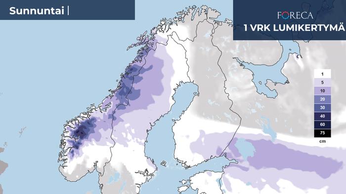 Lumikertymäennuste sunnuntaille 15.12.2024.