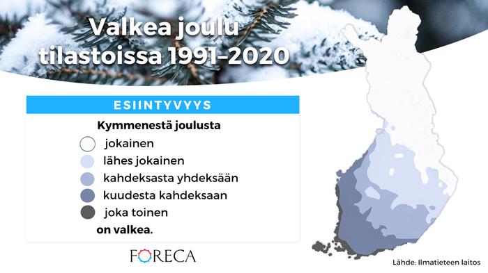 Valkean joulun esiintyvyys tilastojen mukaan 1991–2020.